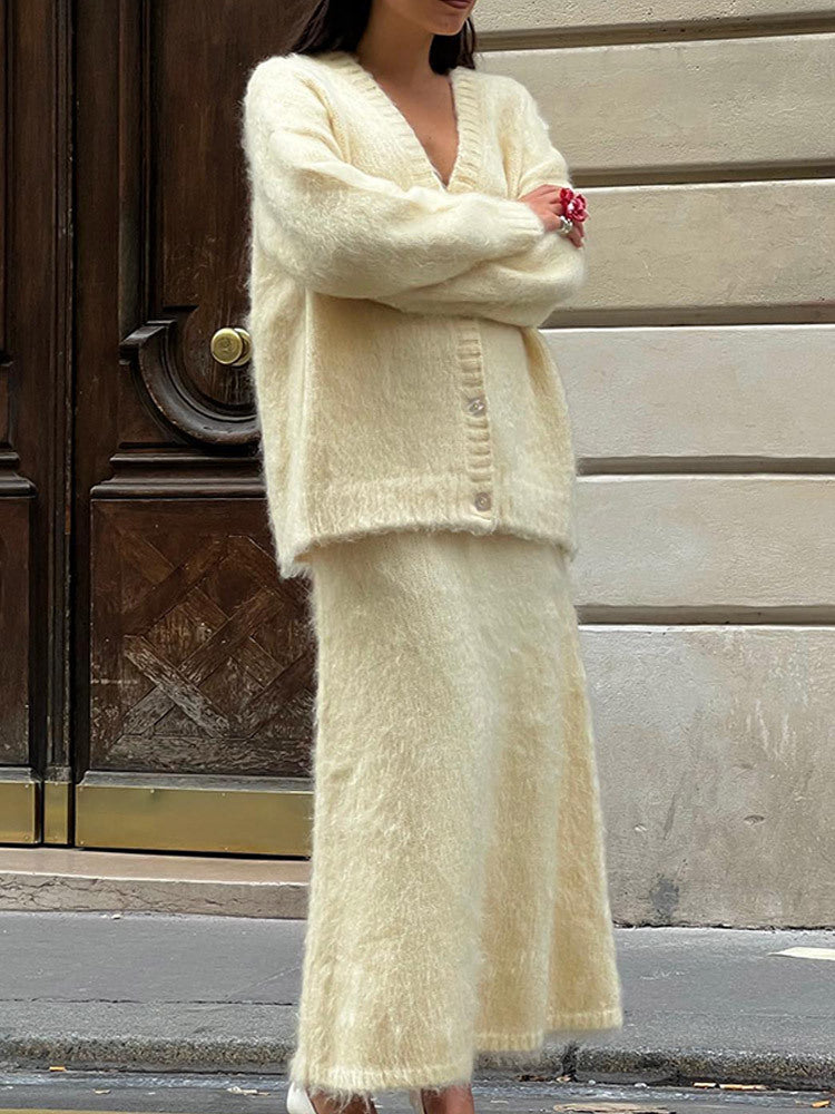 Street Wave Cozy Knit Cardigan And Knee Length Skirt Set For Women Soft Warm Comfort