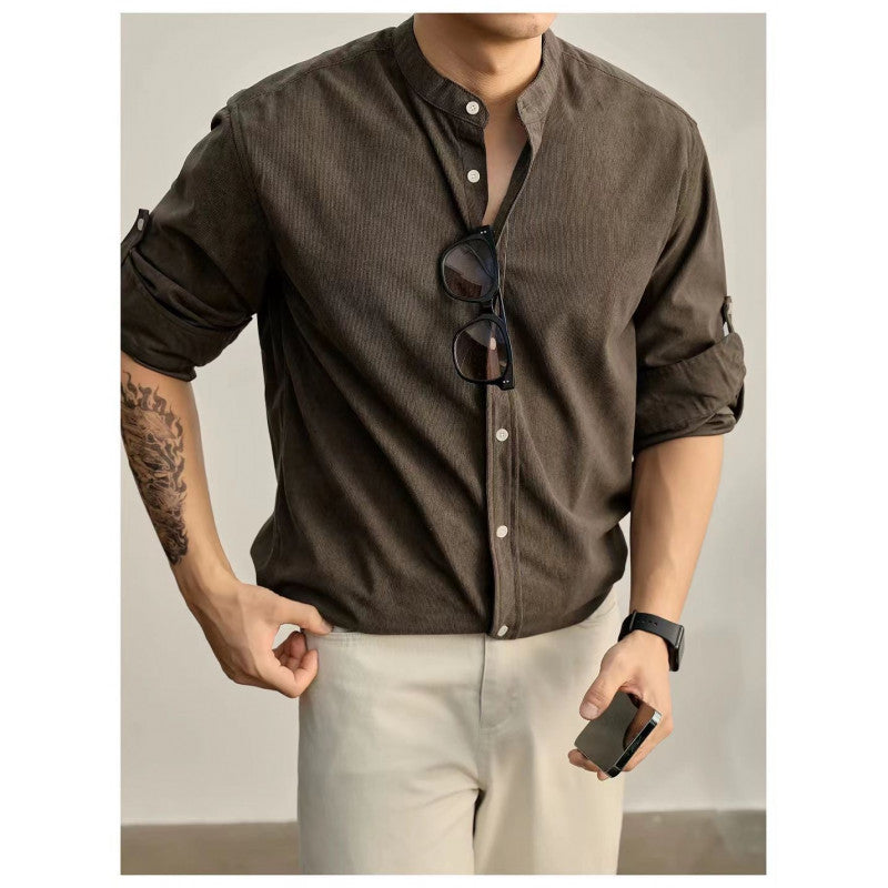 Street-Wave Men's Mandarin Collar Shirt In Fine Striped Fabric Modern Fit Comfortable Everyday Wear