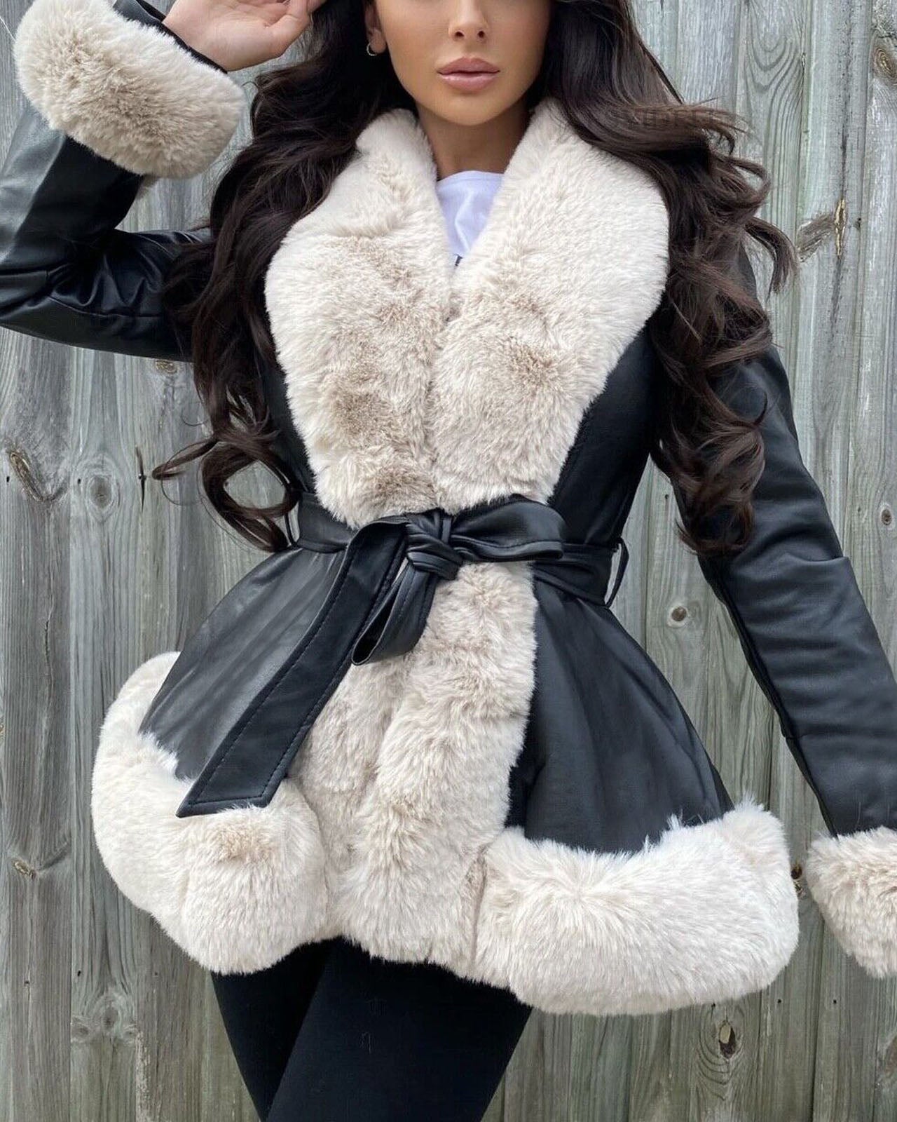 Street-Wave Tailored PU Leather Jacket With Luxurious Fur Collar And Waist Lace For Women