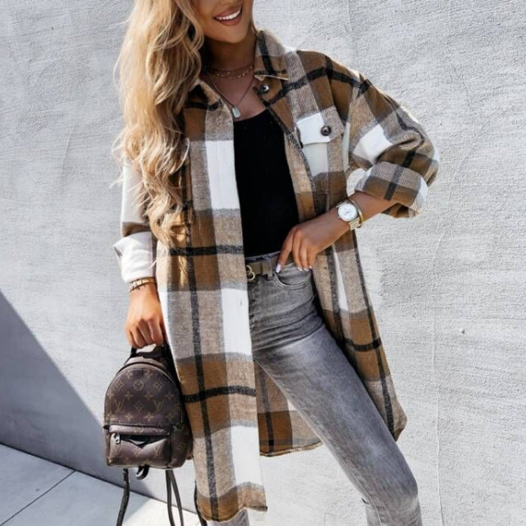 Street-wave Women Plaid Shirt Coat Longline With Soft Cotton Blend Comfort Versatile Everyday Wear