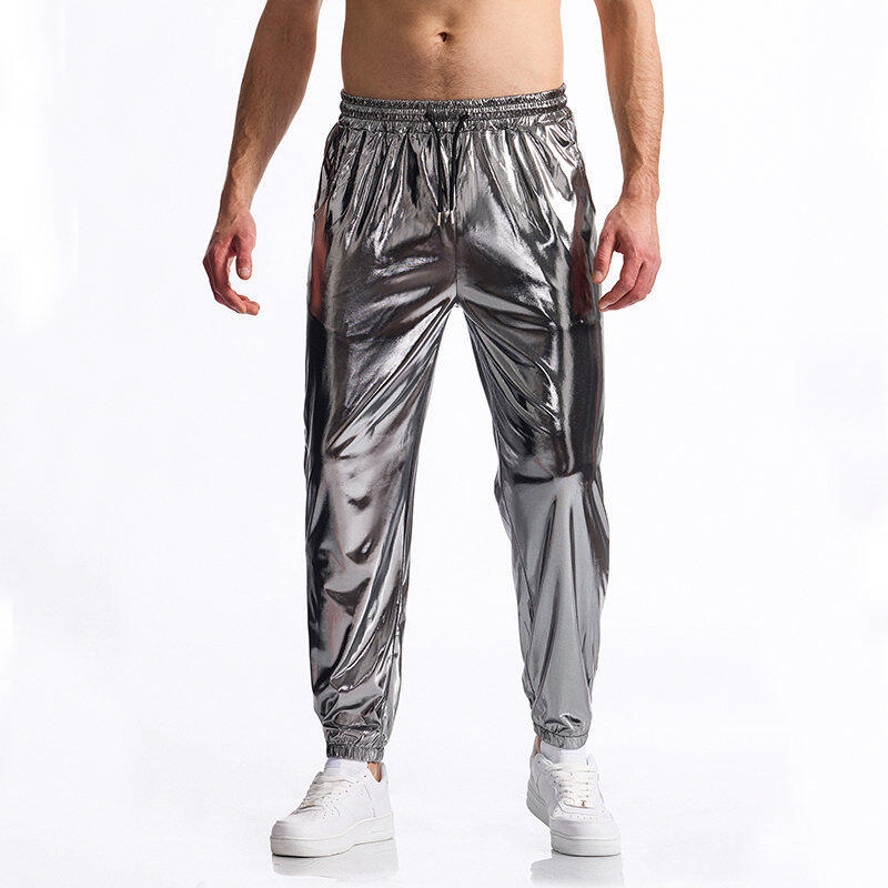 Street-wave Men's Shiny Metallic Joggers With Elastic Waistband For Sport And Streetwear
