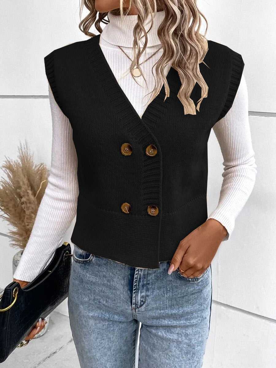 Street-Wave Women's Knit Vest With Double Button Placket And V-Neck For Layering
