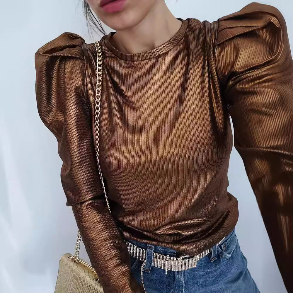 Street Wave Sparkling Top With Voluminous Sleeves For Women Elegant Evening Wear