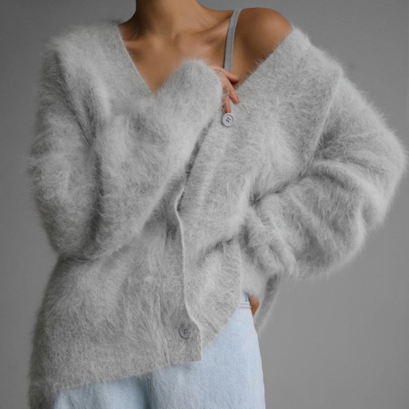 Fluffy Cardigan for Women by Street-Wave Cozy Soft Wool V Neck Oversized Knit Warm Everyday