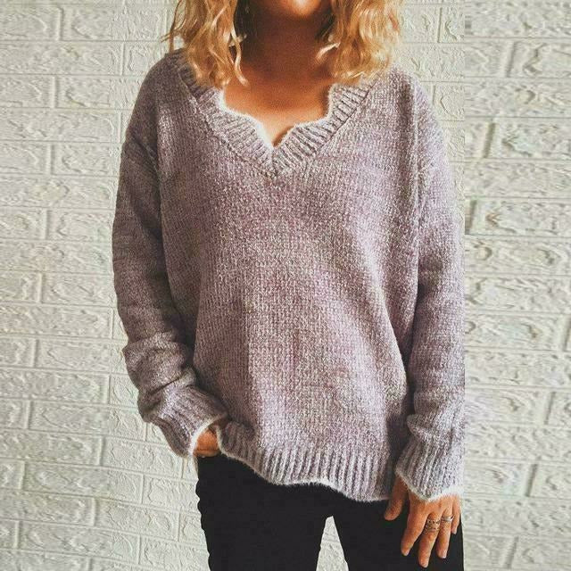 Streetwave Womens Soft Knit Pullover Cozy Casual Fall Layering Scalloped V Neck Essentials
