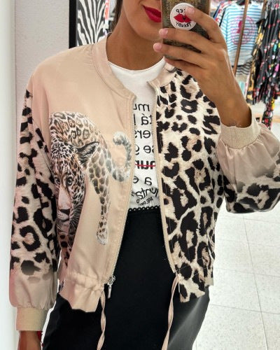 Leopard Print Bomber Jacket For Women Street-wave Relaxed Fit Bold Statement Outerwear
