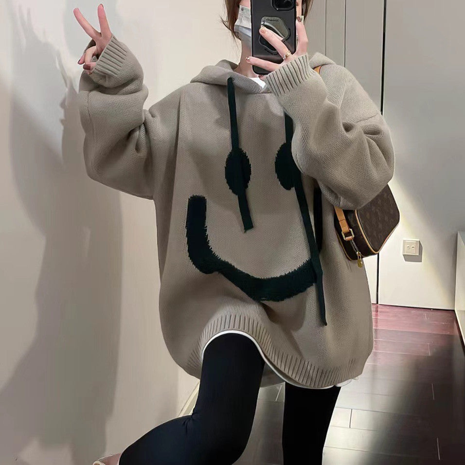Streetwave Women Smiley Face Oversized Hoodie Pullover for Casual Comfort and Playful Style