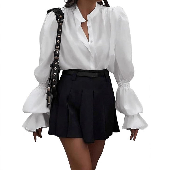 Streetwave Women's Puff Sleeve Blouse With Timeless Stand Collar Elegant Office Ready