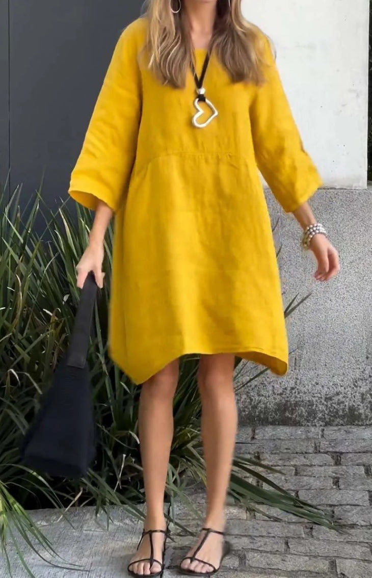 Street-Wave Womens Linen Dress With Pockets And Asymmetric Hem For Summer Style Essentials