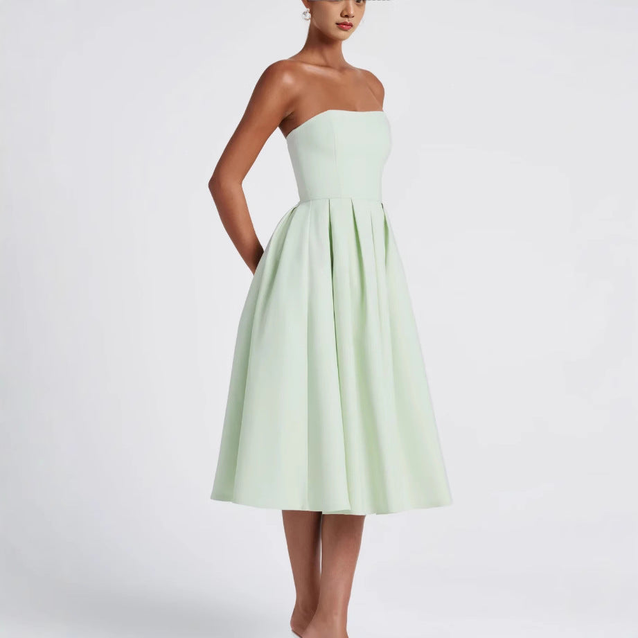 Street-wave Elegant Bandeau Midi Dress With Flared Skirt For Women Ideal For Evening Events