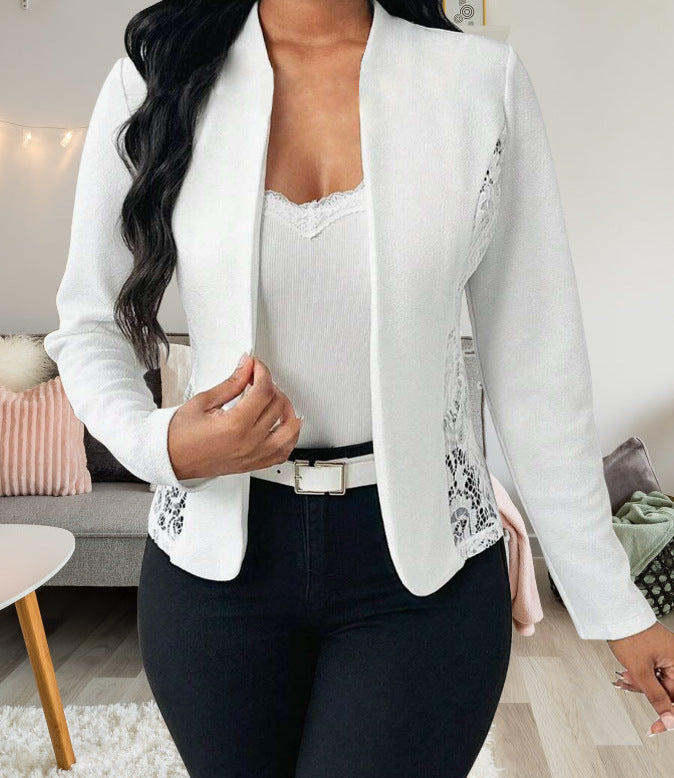 Street-wave Elegant Lace Accent Blazer Jacket For Women, Chic Versatile Office To Evening Wear