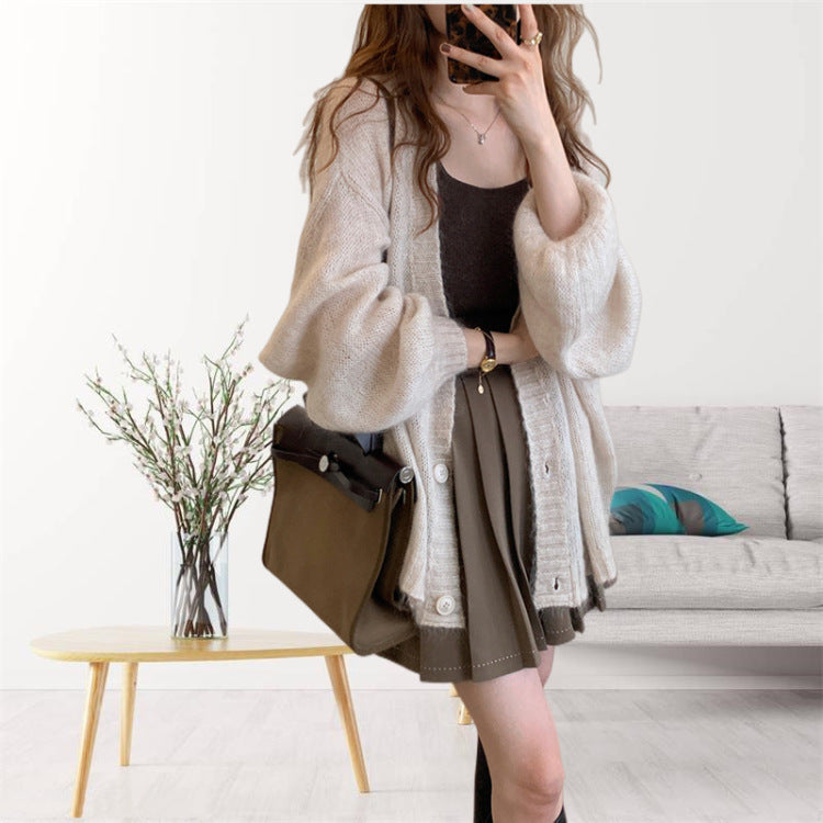 Streetwave Cozy Knitted Cardigan With Voluminous Sleeves For Women Soft Warmth For Everyday Wear