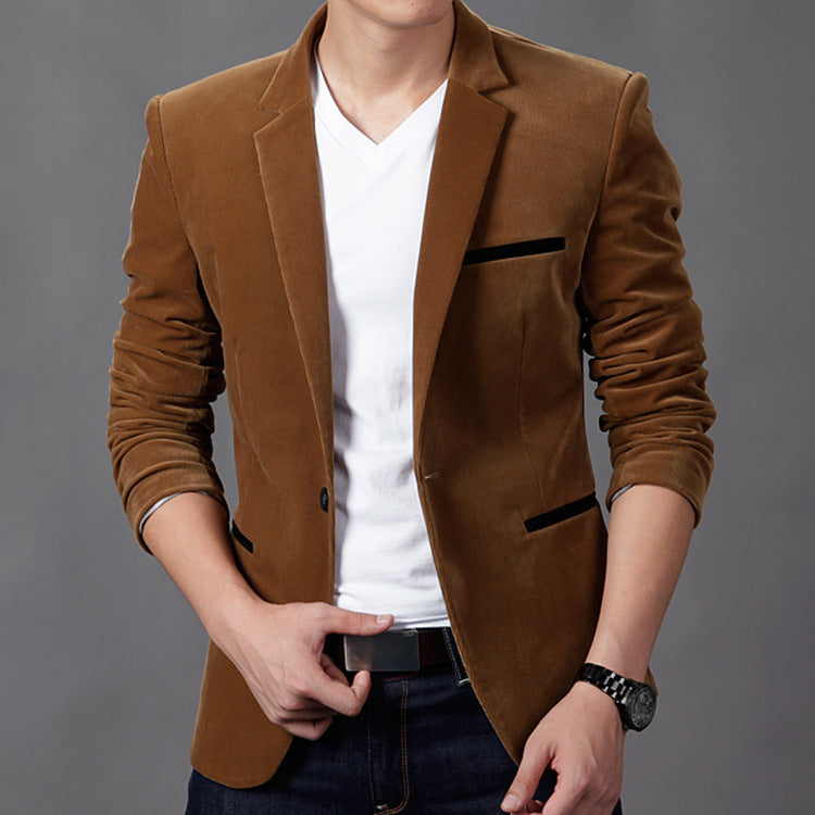 Men's Corduroy Slim Fit Blazer with Notched Lapel Single Button Closure and Welt Pockets