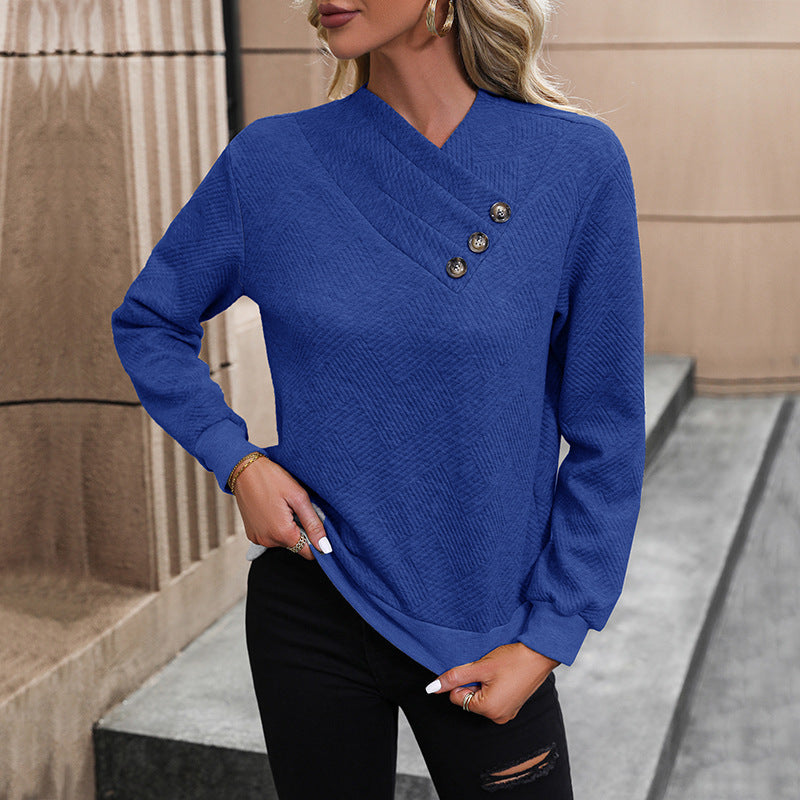 Street-wave Womens Elegant Pullover With Asymmetric Neckline And Button Details For Chic Comfort