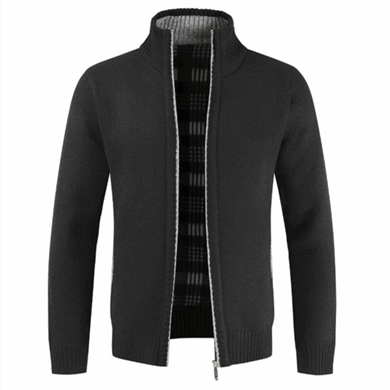 Street Wave Men's Knit Cardigan With High Collar And Plush Lined Interior For Everyday Winter Style