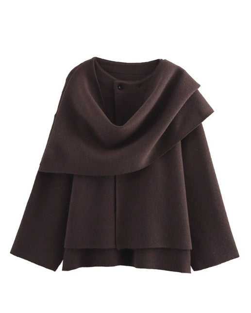 Street-wave Boulevard Asymmetrical Knit Jacket With Scarf Detail For Modern Women With Elegant Silhouette