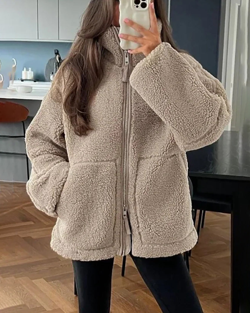 Street Wave Stand Collar Fleece Cardigan For Women With Double Zipper For Layering And Cozy Mobility