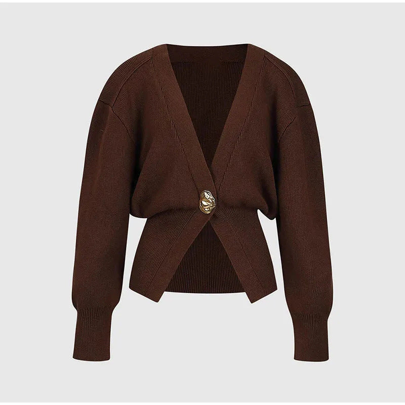 Street-Wave Cardigan For Women Elegant Knitwear With Deep V-Neck And Gold Button For Versatile Comfort