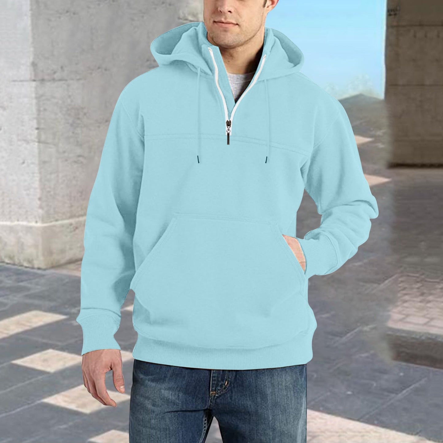 Street Wave Mens Half Zip Hoodie With Kangaroo Pocket For Casual Athleisure Comfort