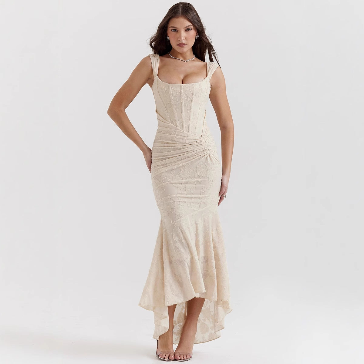 Dress for women – Evening dress in mermaid cut – Satin look – One shoulder – Ruched waist