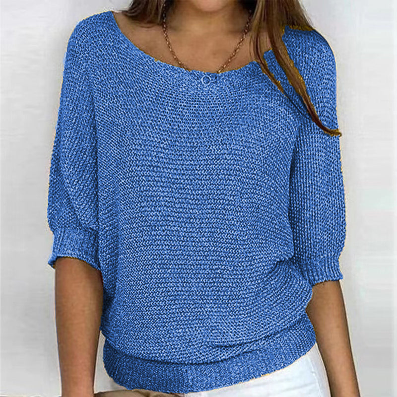 Street-wave Solid Color Knit Pullover for Women with Three-Quarter Sleeves, Cotton-Acrylic Blend