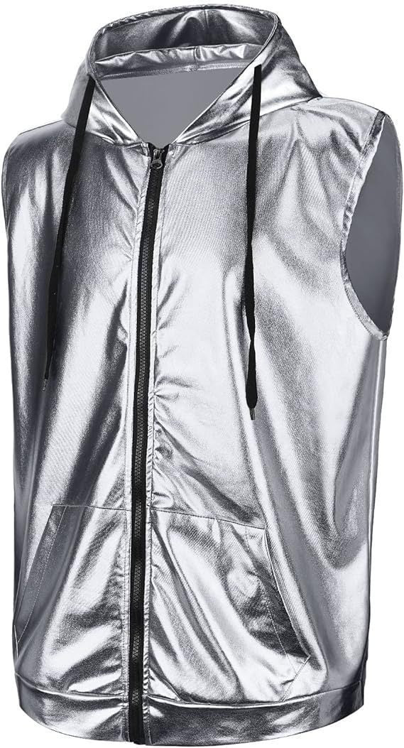 Street Wave Mens Shiny Metallic Hooded Vest With Front Pockets For Active Athletes