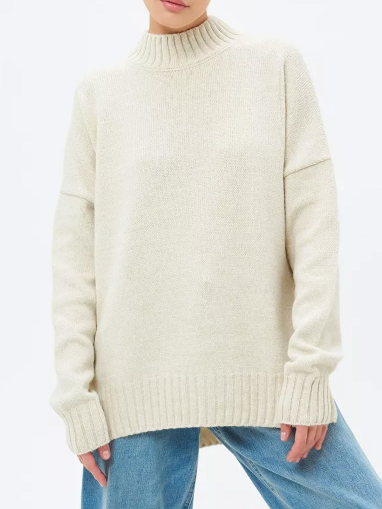 Street Wave Oversized Ribbed Knit Pullover For Women With Effortless Dropped Shoulders And Semi High Neck