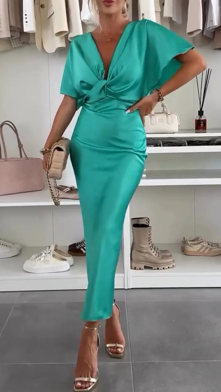 Street-wave Women's Knee-Length Satin Dress With Twist Cross Design For Elegant Evenings