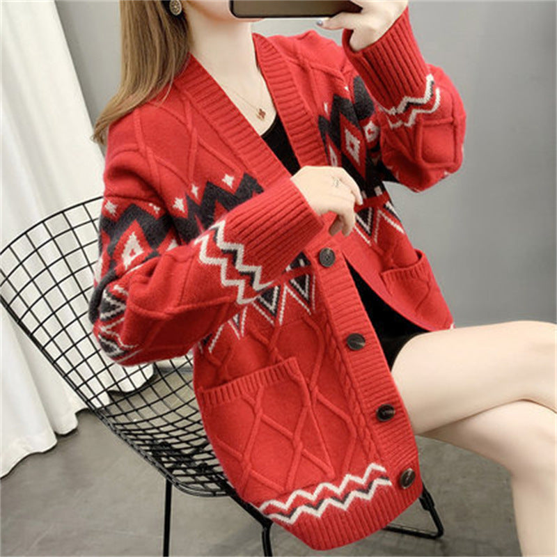 Streetwave Women's Cable Knit Cardigan With Geometric Pattern For Cozy Everyday Wear