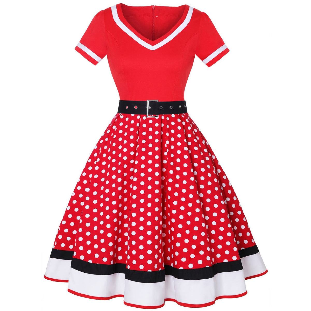Street-wave Vintage Hepburn Polka Dot Dress For Women Belted Waist Retro Chic A-Line Midi