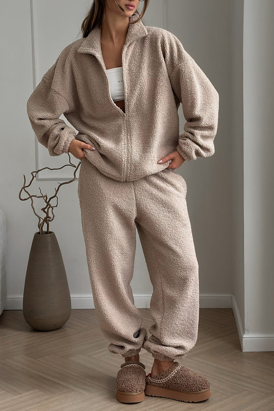 Street-wave Lift Polar Fleece Cardigan And Pants Set For Cozy Comfort Womens Loungewear