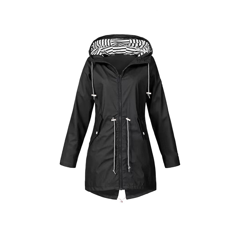 Street-wave Windproof Hooded Rain Jacket for Urban Commute With Tailored Fit and Striped Hood Lining