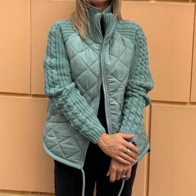Street-Wave Wool Detail Quilted Jacket For Women Warmth And Style With Knit Sleeves Winter Outerwear