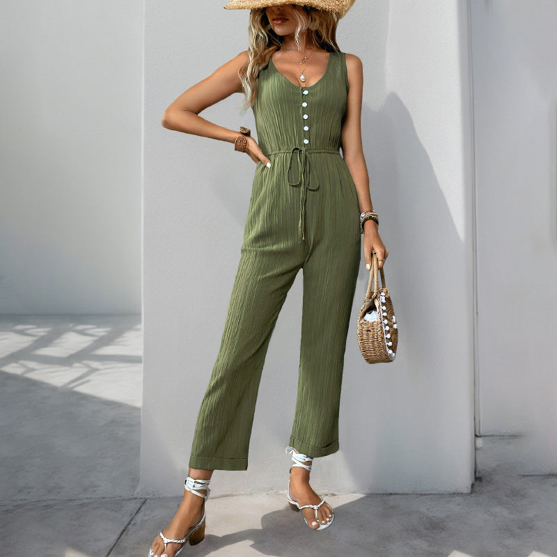 Street Wave Women's Sleeveless Jumpsuit With V Neck And Textured Belt
