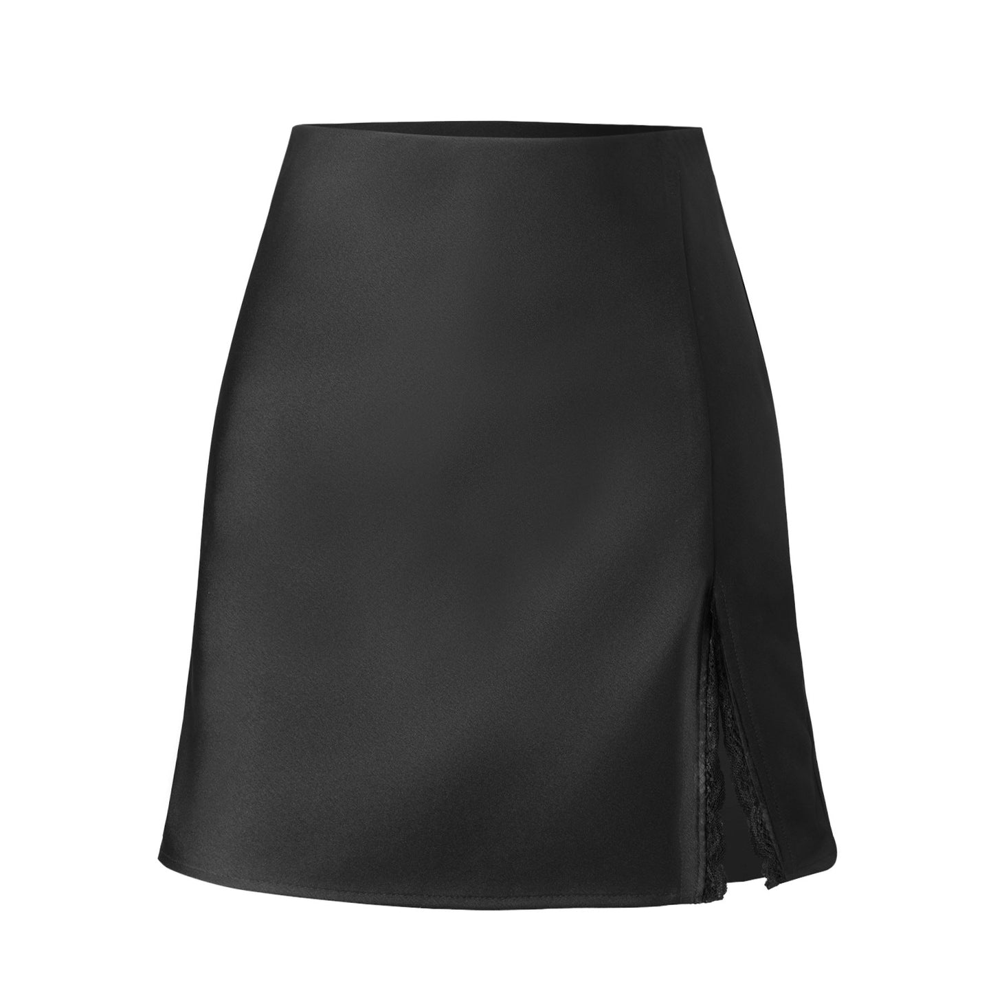 Street Wave Satin Skirt With Side Slit And Lace Trim For Chic Fashion Conscious Women