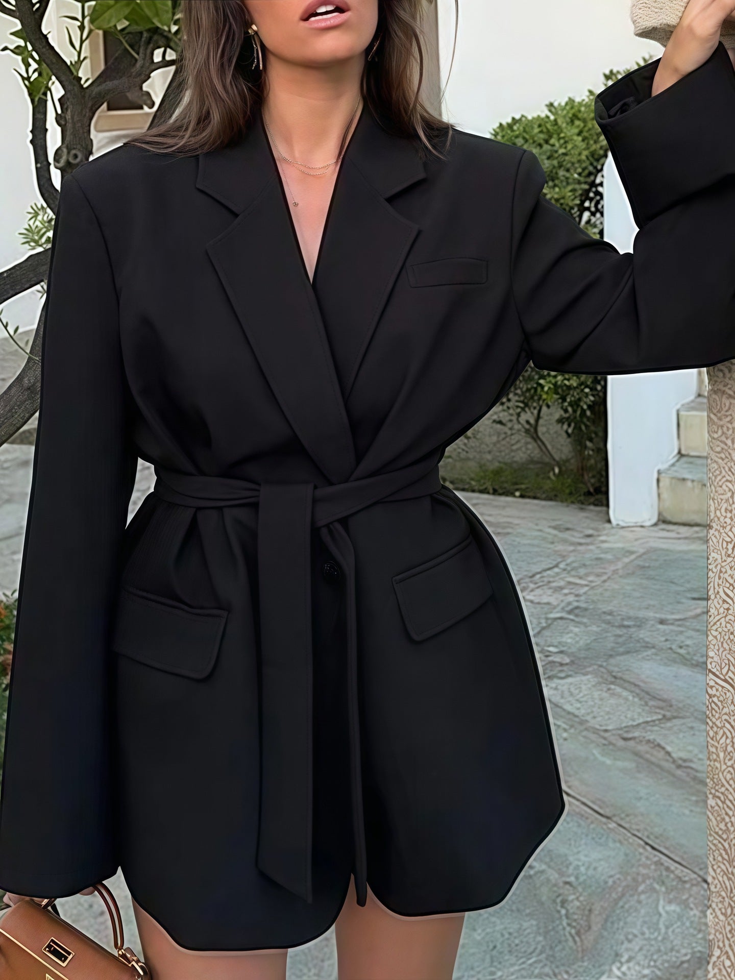 Streetwave Womens Elegant Blazer Jacket With Belt And Pockets For Modern Office Wear