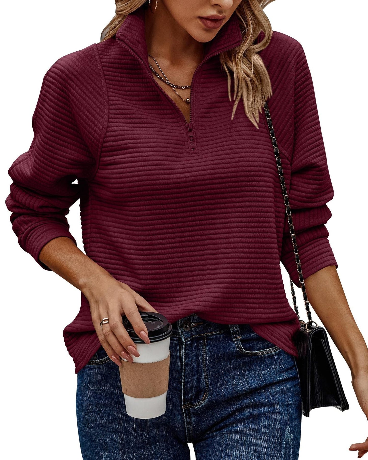 Street-wave Women's Waffle Knit Zip Up Pullover With Stand Collar Cozy Everyday Essential