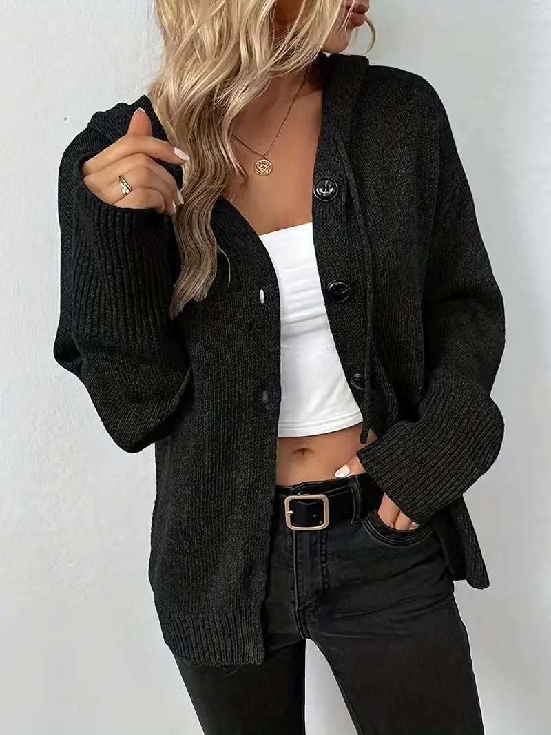 Street-Wave Women's Hooded Knit Cardigan With Button Closure For Cozy Everyday Wear