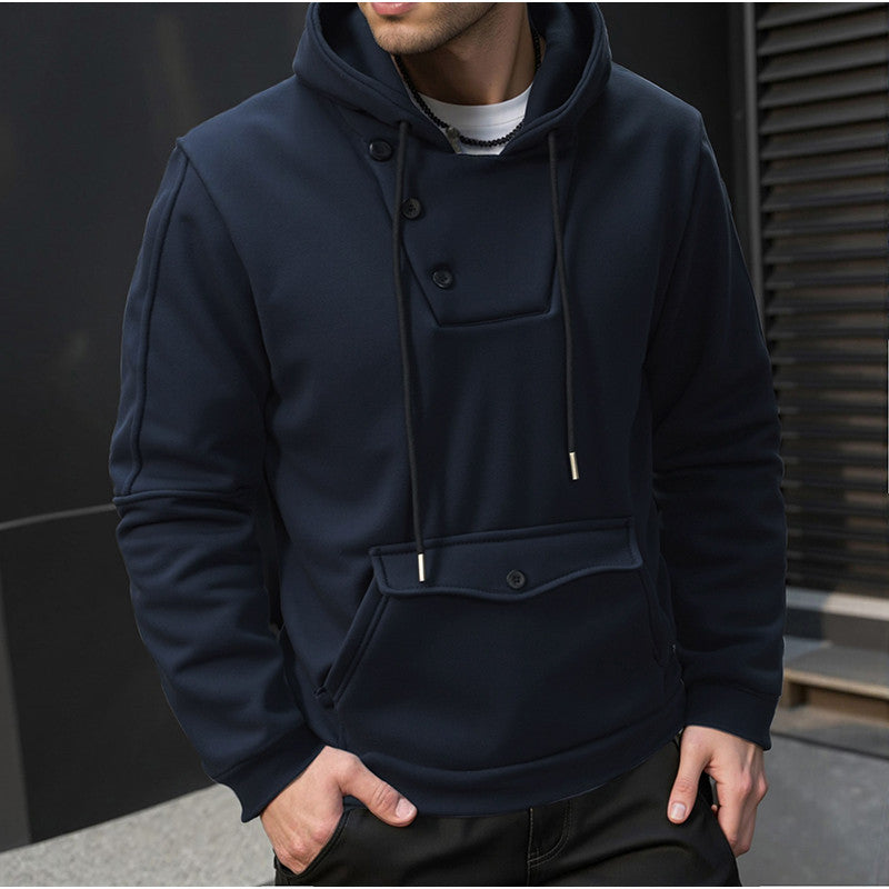 Street-Wave Men's Hooded Pullover With Button Closure And Practical Pockets For Versatile Everyday Wear