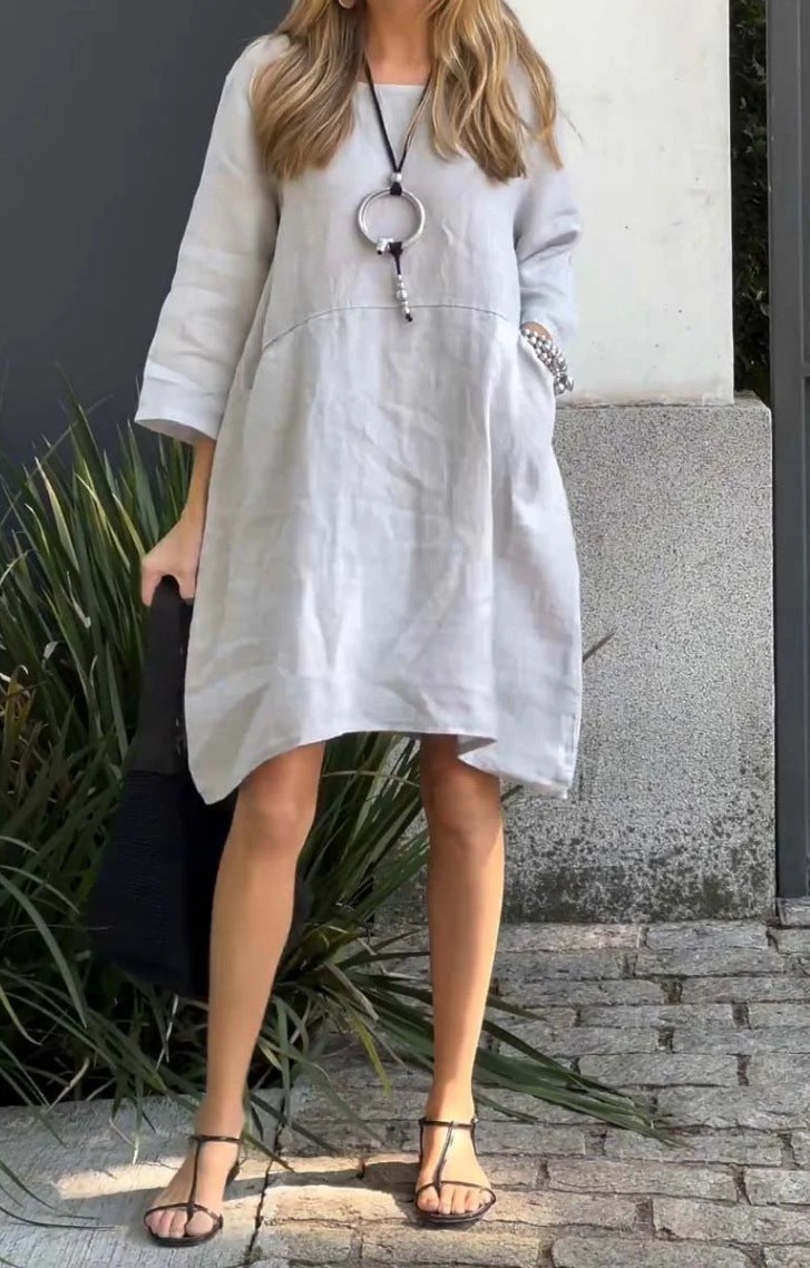 Street-Wave Womens Linen Dress With Pockets And Asymmetric Hem For Summer Style Essentials