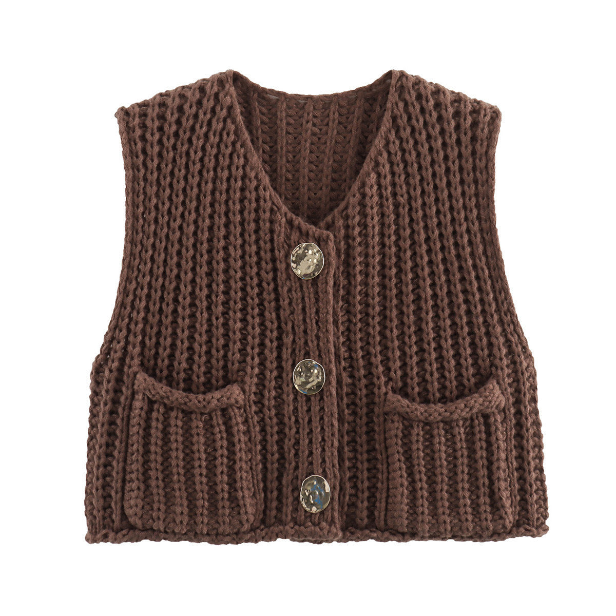 Street-Wave Women Knit Vest With Button Details And Pockets Trendy Breathable Cotton Blend