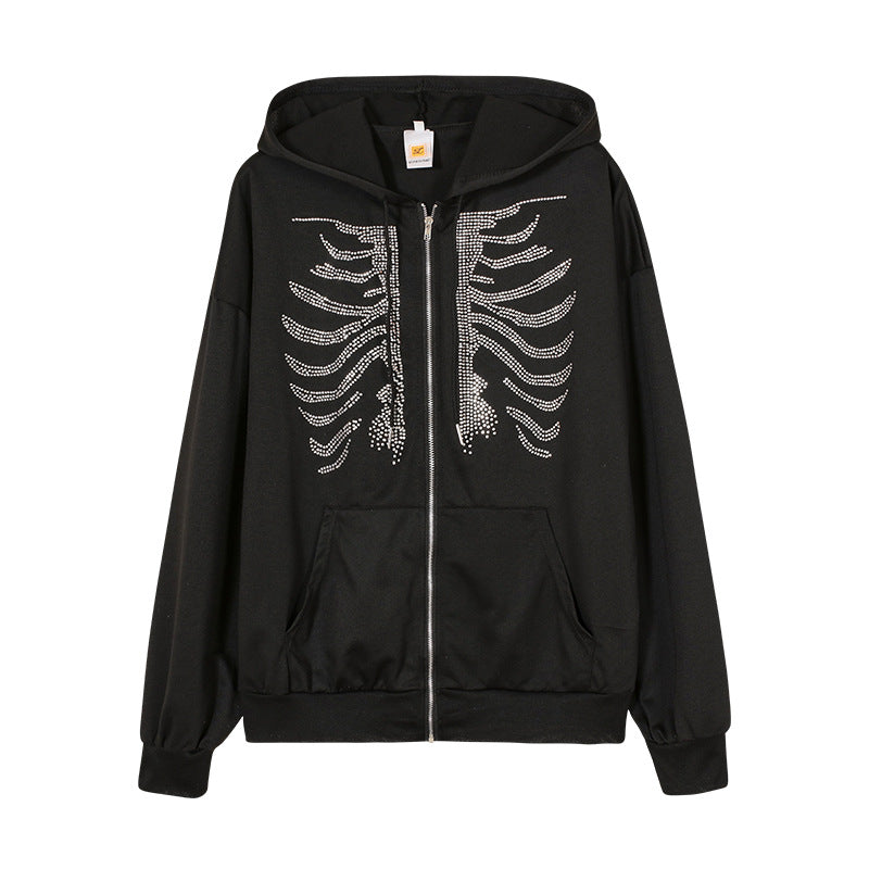 Street-Wave Women's Hoodie Featuring Sparkling Skeleton Design With Rhinestones For Edgy Streetwear Fans