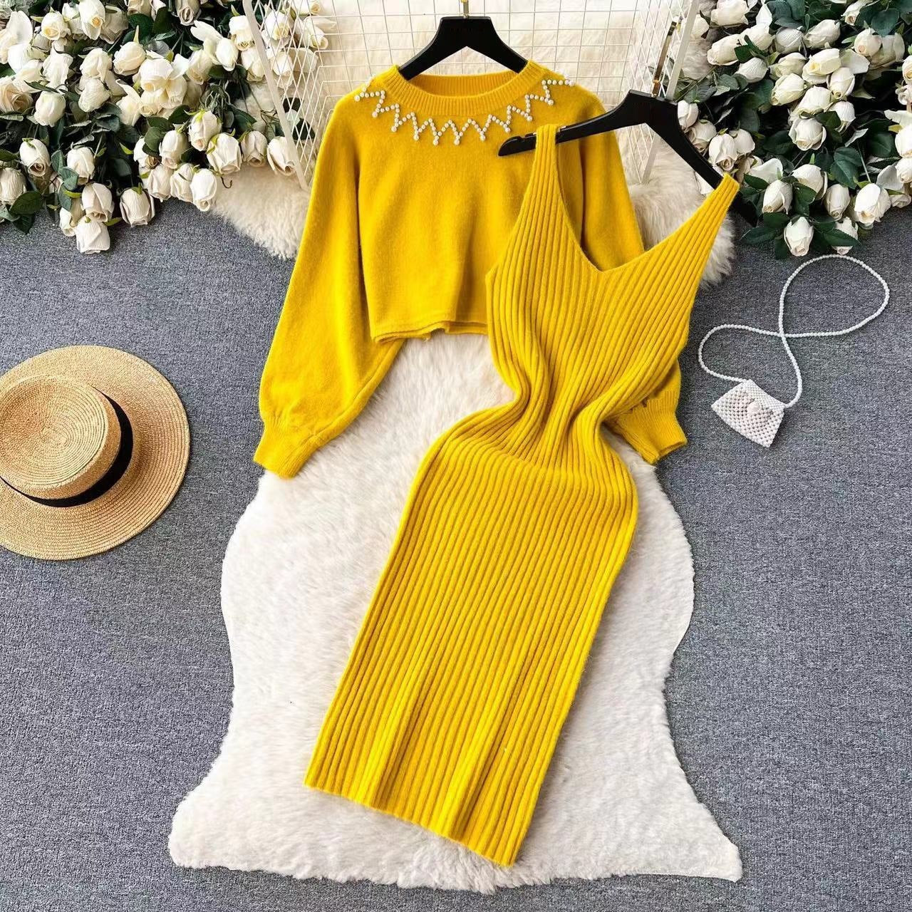 Street-Wave Women Knit Dress Set Featuring Refined Rib Texture And Chic Crop Sweater For Elegant Everyday Look