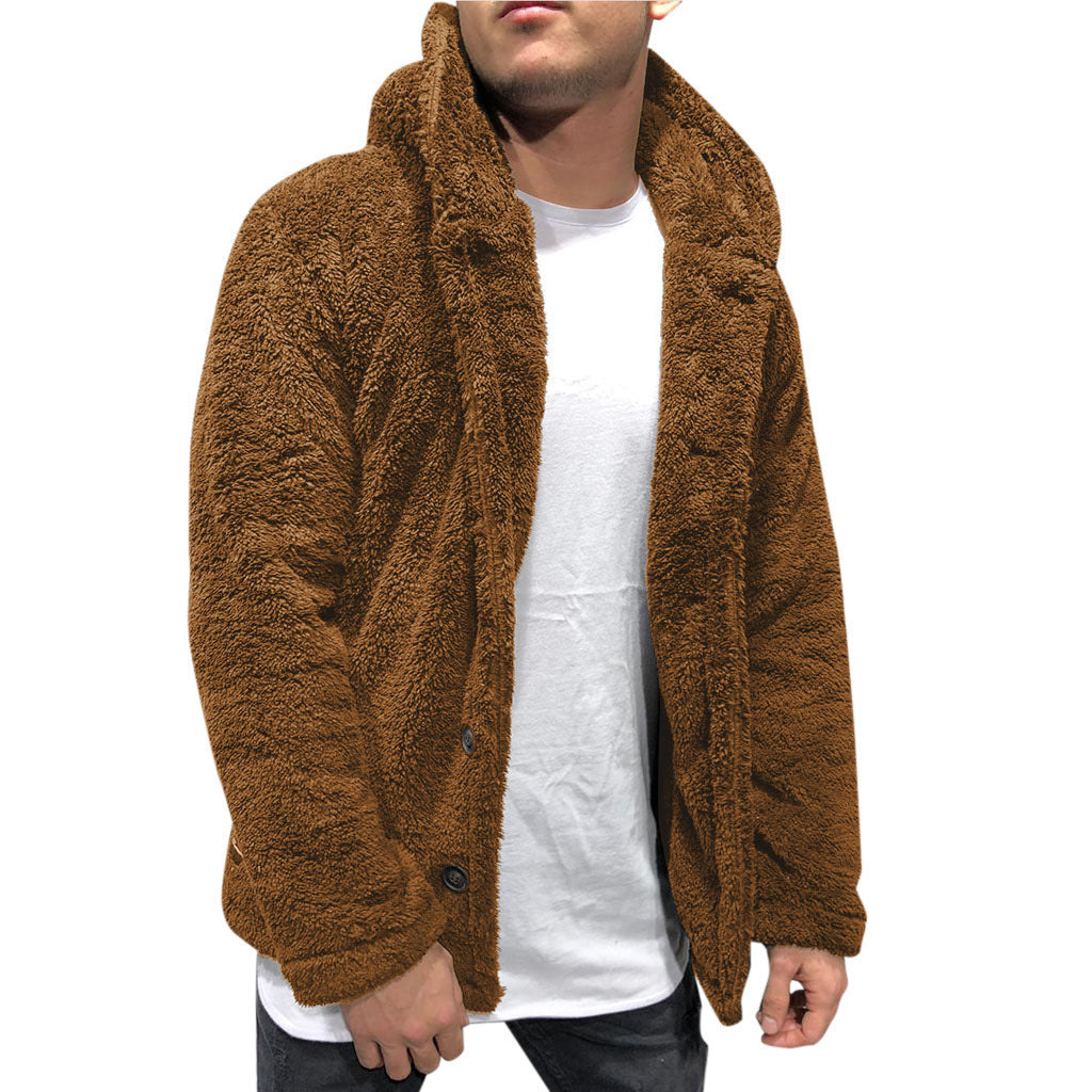 Street-wave Men's Cozy Teddy Jacket With Wide Lapel Warm Plush Fabric Practical Pockets