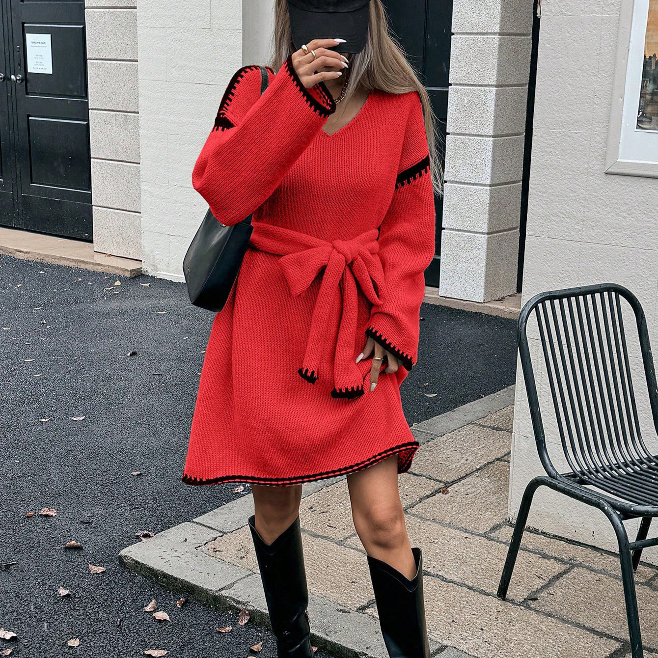 Street-Wave Knit Dress With Belt And V-Neck For Women Flattering Silhouette Cozy Elegant