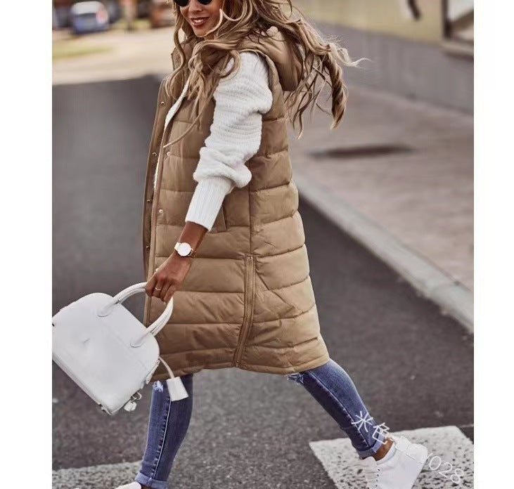 Streetwave Women Long Puffer Vest With Hood Side Pockets For Warmth And Style Everyday Wear