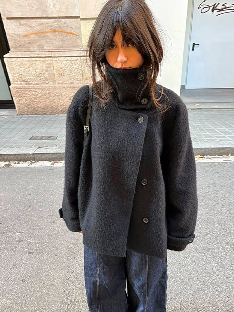 Street-wave Cozy Wool Jacket For Women With High Collar And Button Details For Winter Warmth