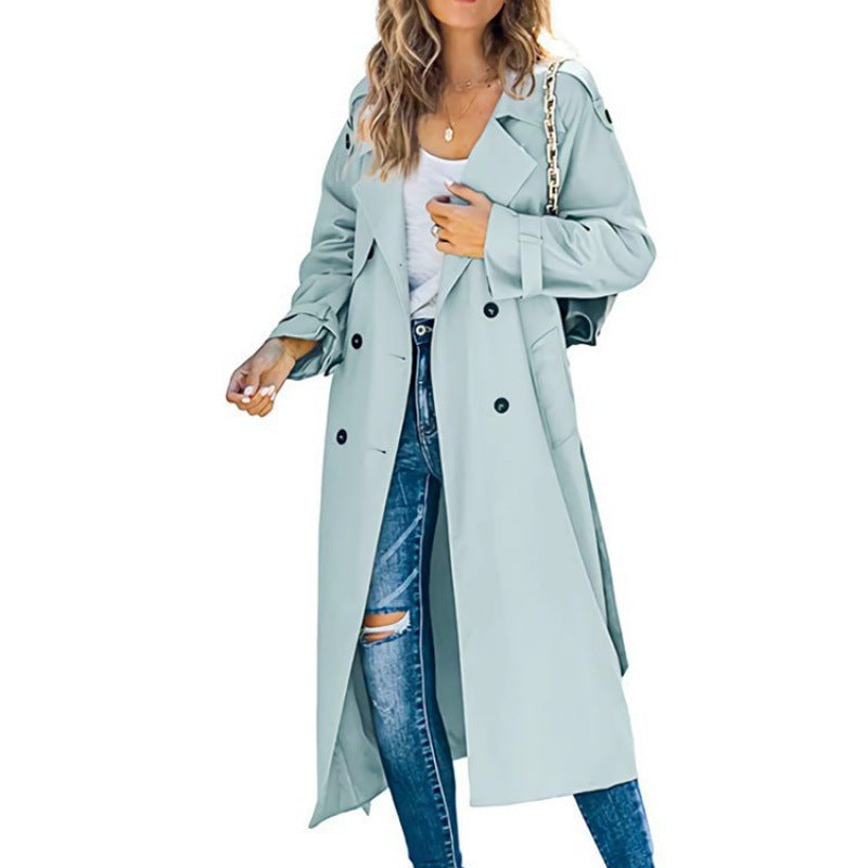 Street Wave Womens Elegant Trench Coat With Double Breasted Button Closure And Belt Premium