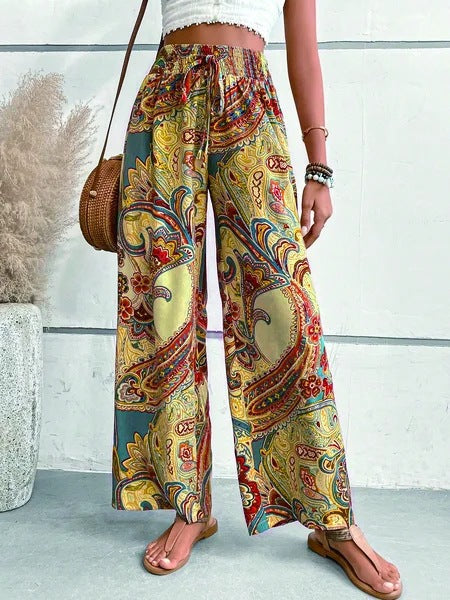Street-Wave Women Wide-Leg Paisley Print Pants Elastic Waist for Summer Comfort and Everyday Style