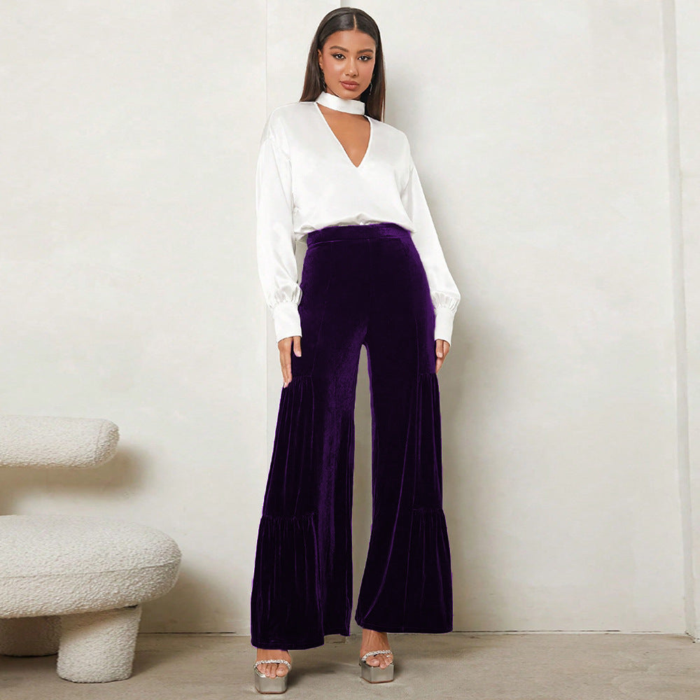 Street-Wave Velvet Wide-Leg Plush Pants With Pleats And High Waist For Women Night Out